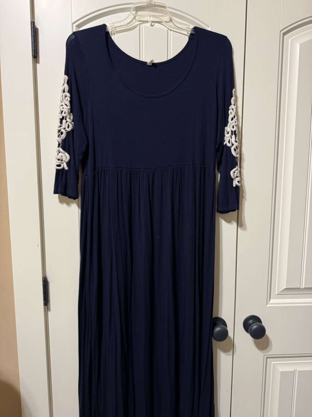 Pink Blush Women's Navy Maternity Maxi Dress with White Crochet Sleeve Detail